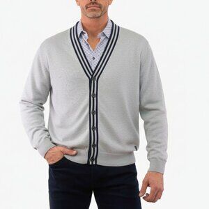 Horst Italian Cotton Cardigan Sweater Gray Navy Trim Mens Medium NEW
